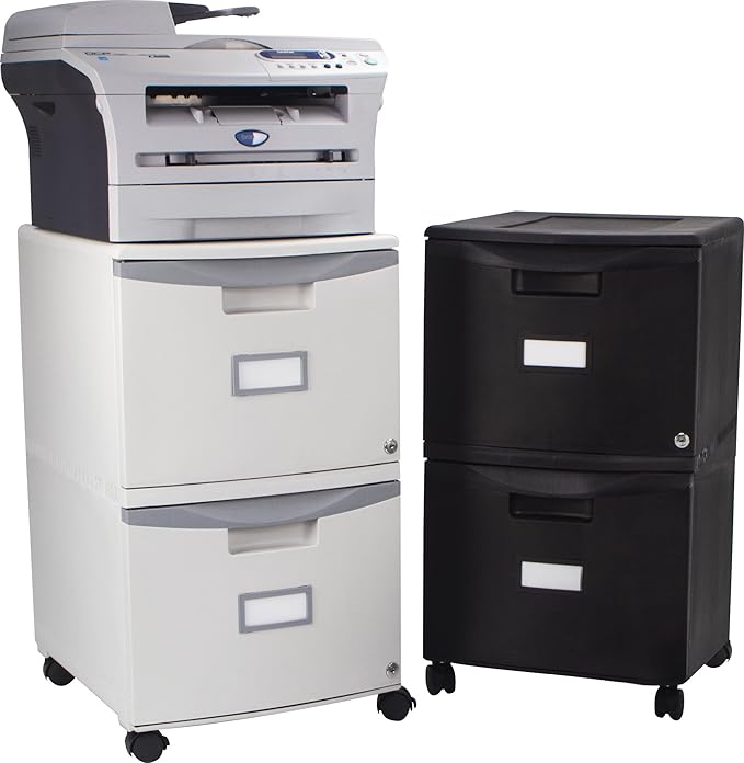 Storex Plastic Two-Drawer Mobile Pedestal File Cabinet – Locking Document Organizer with Casters for Home and Office, Black, 1-Pack (61315C01C)