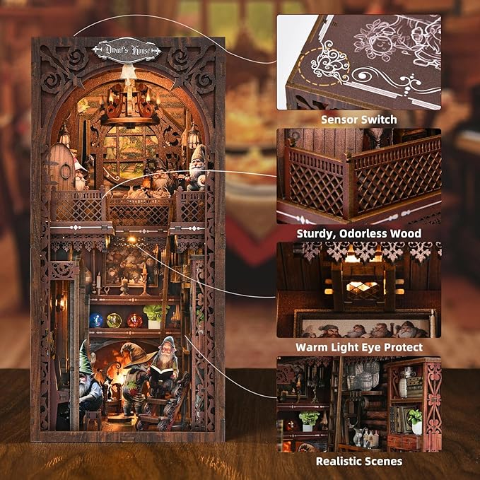 TOYQI Book Nook Kit, Book Nook Kits for Adults, DIY Miniature Dollhouse Kit 3D Wooden Puzzle Booknook Bookend with LED Light