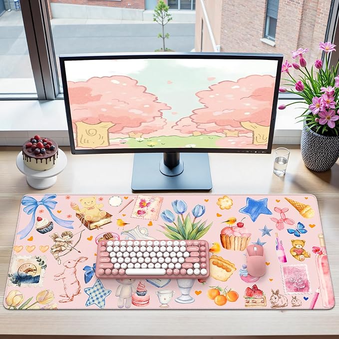 iCasso Extra Large Mouse Pad, Desk Pad Mat,Office Matt for Desktop Protector, Anti-Slip XXL Big Mousepad with Stitched Edges for Laptop Computer Keyboard (Pink)