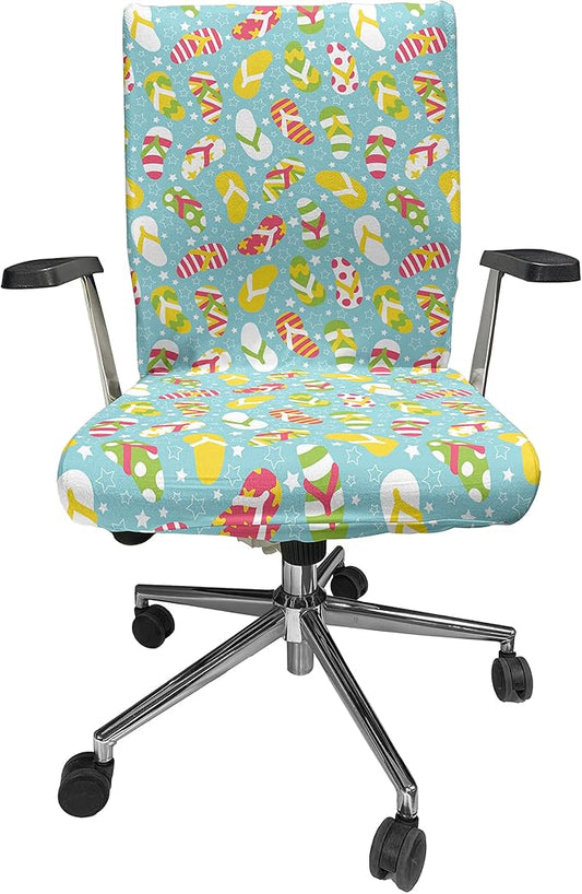 Ambesonne Flip Flop Office Chair Cover, Colorful and Different Patterned Double Pluggers on Star Filled Blue Backdrop, Stretchable Decorative Universal Size High Back Printed Slipcover, Aqua Blue