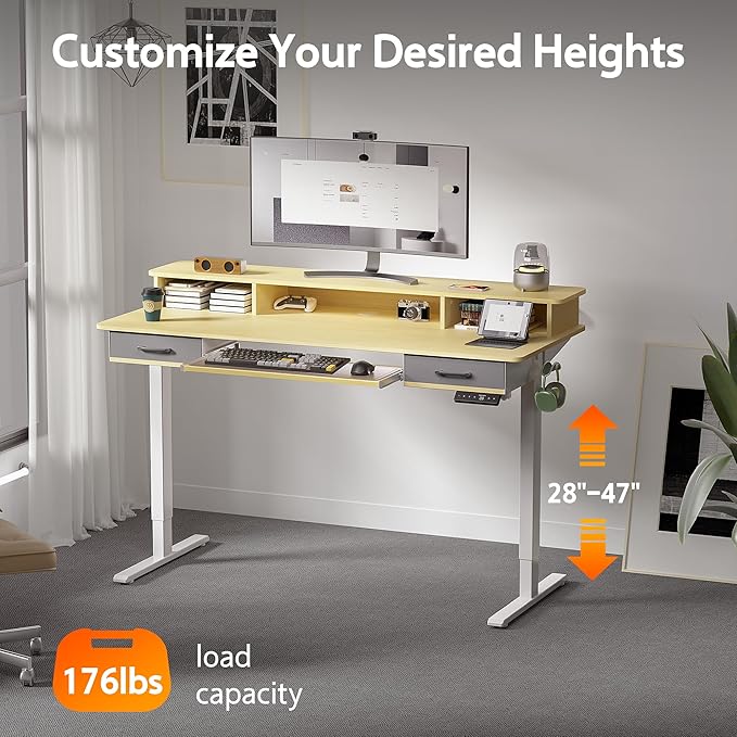 WALKINGDESK 55 Inches Electric Standing Desk with Keyboard Tray, Height Adjustable Sit to Stand Table with 2 Drawers, Ergonomic Home Office Desk with Storage Shelf, Computer Table, Oak