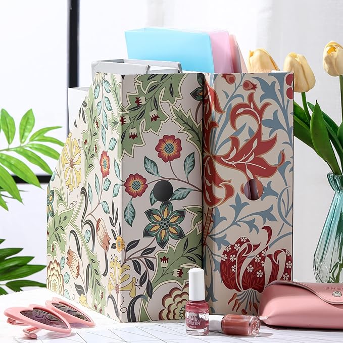 PerKoop 12 Pcs Decorative Magazine File Holders Floral Foldable File Folders Magazine Storage Boxes Rack Desk Organizer Documents with Printable Labels for School Office Home (Floral)
