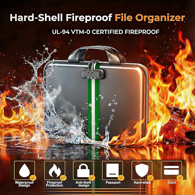 Fireproof Document Organizer with Lock, Rigid EVA File Box with 13-Pocket Accordion Folder for Important Documents & Tablets under 11", Lightweight Safe Storage for Home, Office & Travel (Small Size)
