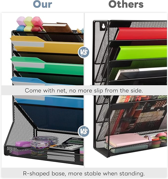 Jakyitvi File Organizer Wall Mounted 5 Tiers, Durable Adjustable Metal Vertical Hanging, Stable R-Shaped Bottom 4 Pull-Out Deviders to Sort File,Mail,Newspaper,Pen, Suitable for Office,Black