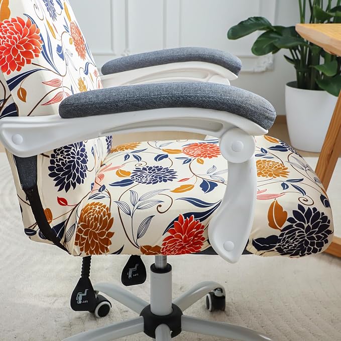 FORCHEER Large Computer Chair Cover with Arm Floral Stretch Office Chair Cover Desk Chair Slipcover 1 Piece Washable Removable