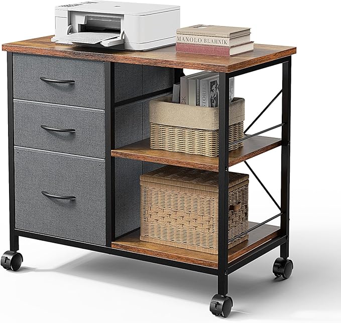 DUMOS File Cabinet, Mobile Storage Cabinet with 3 Drawers and Back Support Bar, Spacious Printer Stand with Storage Supporting 198 lbs for Home Office, Rust