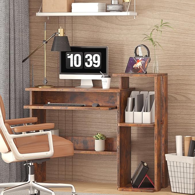 ALISENED Computer Desk with Storage Shelves, Home Office Desk with Monitor Stand, Small Writing Desk Table with Keyboard Tray,Study Table with CPU Stand for Small Spaces (35"-Rusitc Brown)