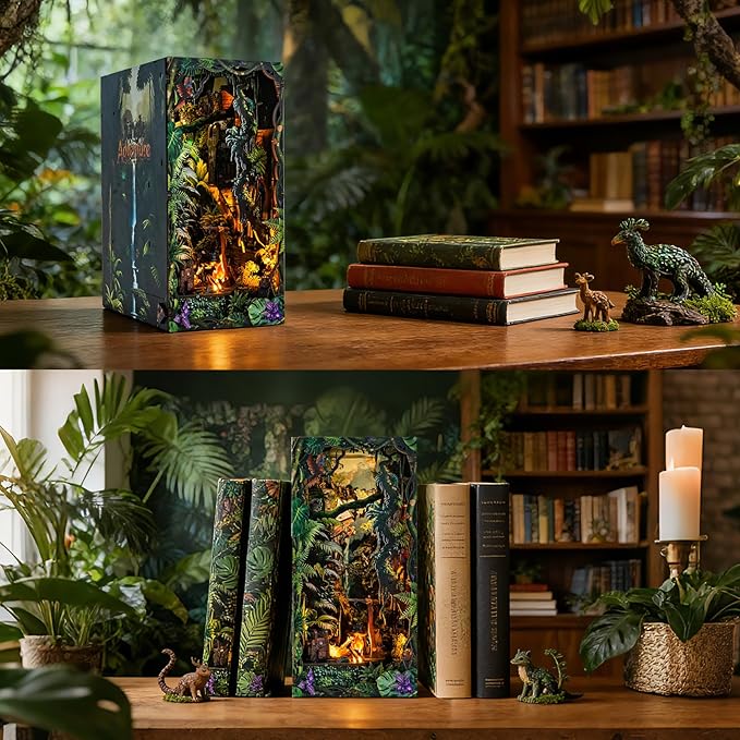 fifijoy Jungle Adventure Book Nook Kit - DIY Miniature Dollhouse Booknook for Adults, 3D Wooden Puzzle Bookend Bookshelf Decor with LED Light and Sound Effects, Creative Gift for Family, Friends