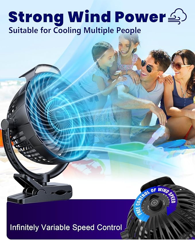 10000mAh Clip on Fan, 8-Inch Golf Cart Fan Rechargeable with LED Light, 9 Speeds Strong Airflow, Ultra Quiet, 30Hrs Runtime, 360° Rotation, Cooling for Bed Camping Office Desk Dorm, Black