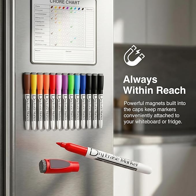 Volcanics Magnetic Dry Wipe Pens Dry Erase Markers With Eraser Cap Low Odor Fine Tip Whiteboard Pens Pack of 12,10 Colors