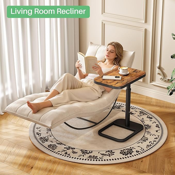 Kitstorack Adjustable Height C-Shaped End Table, 9-Level Side Table with Metal Rounded Edge, Couch Table that Slides Under Sofa or Bed for Eating, Working, and Drinks, TV Tray for Small Spaces, Brown