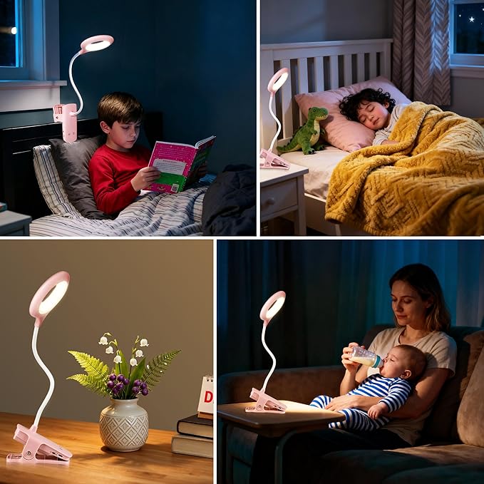 Akynite Desk Lamp LED Clip on Light, 5 Modes 5 Brightness Dimmable Clamp Light, Rechargeable Battery Flexible Clip on Reading Lamp for Bed Headboard Bunk Bed at Night for Kids (Pink)