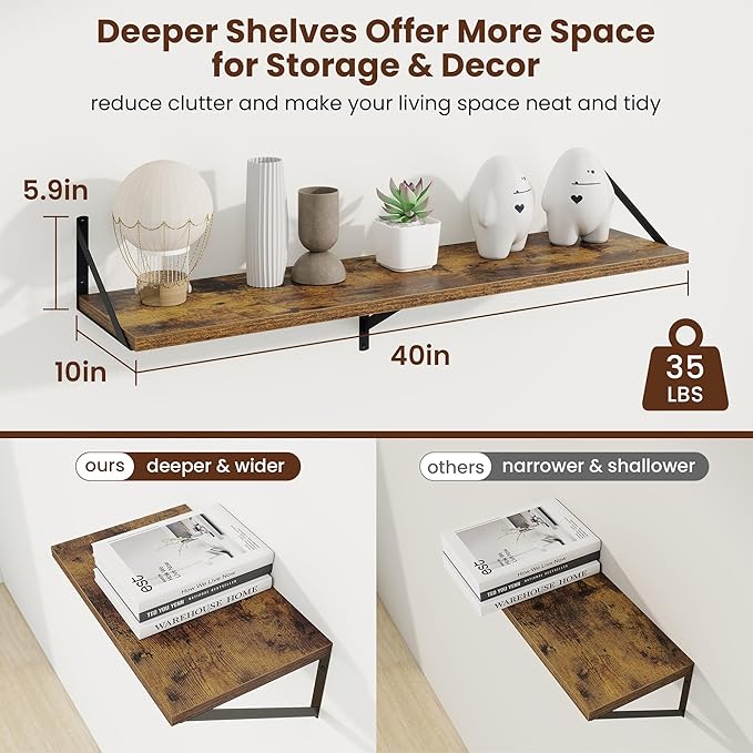 Axeman Deep Floating Shelves | 40 Inch Brown Wall Shelves Set of 2 | 10 Inch Deep Rustic Wood Shelves for Wall | 40'' W x 10''D Brown Shelves for Living Room Bathroom Kitchen