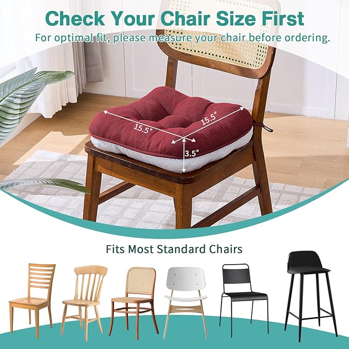 BETU Chair Cushions for Dining Chairs Set of 2,3.5" Thick Kitchen Table Chair Pads with Ties,Non Slip Backing and Covers, Decor Seat Cushion for Dining Room,Bar,Patio Chairs,15.5"X15.5"X3.5",Red