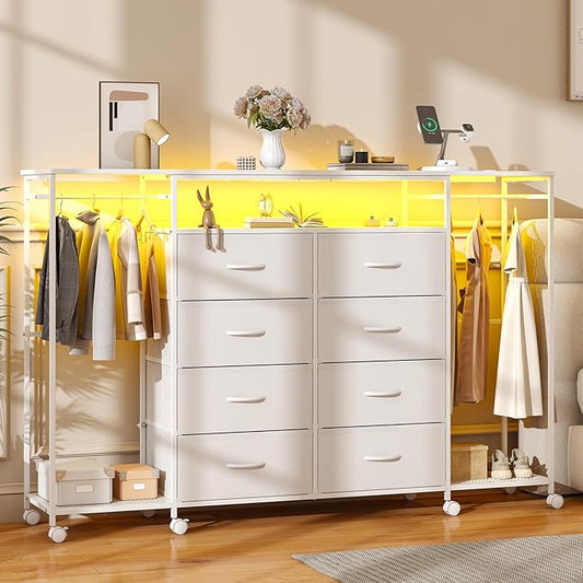 59.1" W Dresser for Bedroom with Hanging Rack, 8 Drawer Dresser with LED Lights & Charging Station, Fabric Dressers with Portable Wheels,Metal Frame, Wooden Top (White)