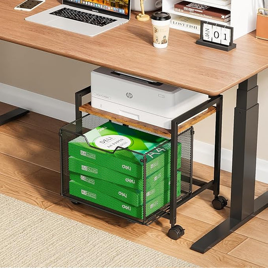 JKsmart Printer Stand with Sliding Drawer, Under Desk File Cabinet with Caster Wheels,Rolling File Cart, 2 Tier Industrial Storage Shelf, Sofa Side Table Organizer for Home, Office, Brown