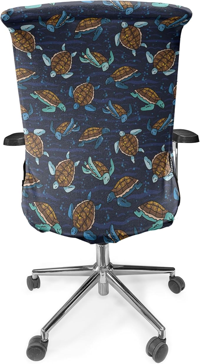 Ambesonne Under The Sea Office Chair Cover, Graphical Layout of Sea Turtles Cartoon Ocean Lifestyle, Stretchable Decorative Universal Size High Back Printed Slipcover, Navy Brown