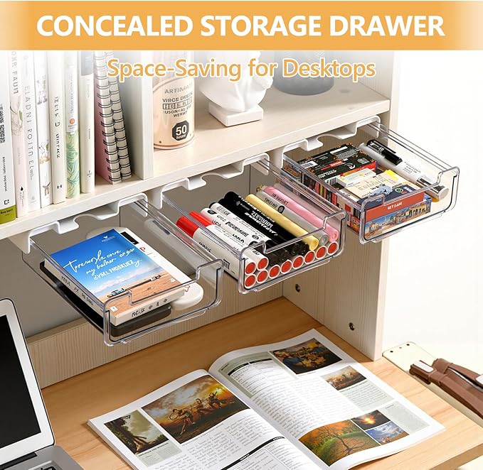 Under Desk Storage Drawer Self-Adhesive Easy Hidden Desktop Organizer, Attachable Clear Acrylic Storage Tray Under Table Drawer for Home Office School Counters Workstation, 1 Pack