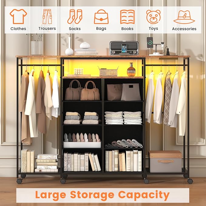 59.1" W Dresser for Bedroom with Hanging Rack, 8 Drawer Dresser with LED Lights & Charging Station, Fabric Dressers with Portable Wheels,Metal Frame, Wooden Top (Rustic Brown)