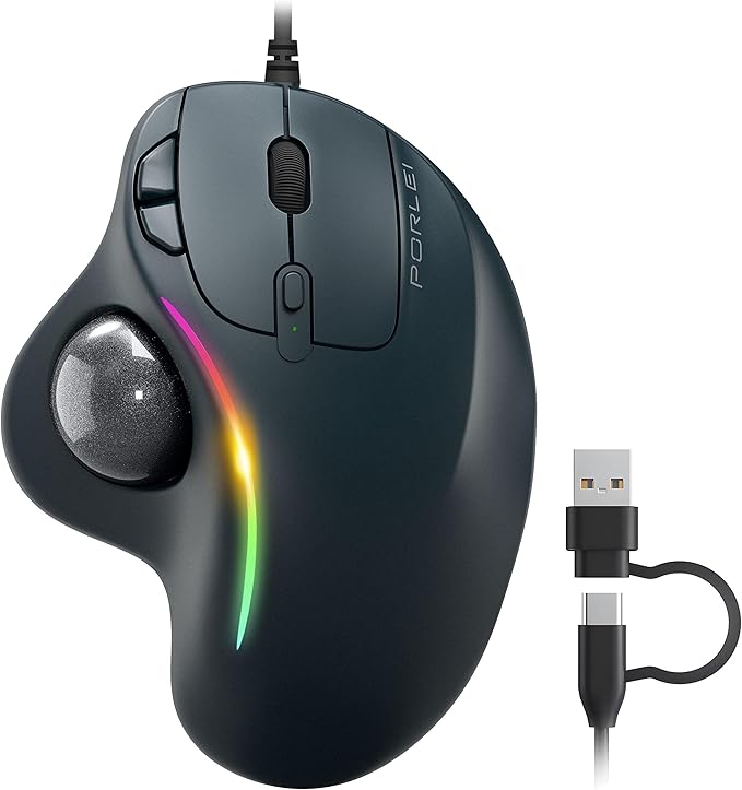 Wired Trackball Mouse with RGB Lighting, Ergonomic Thumb Control to Reduce Muscle Strain, 5 Adjustable DPI, Dual USB-C & USB-A Connectivity, Compatible with PC, Laptop, Mac, Windows (C-Black)
