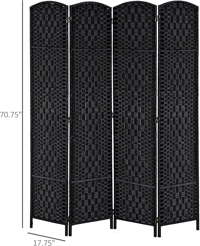 HOMCOM Room Divider 4 Panel, 6FT Tall Folding Privacy Screen, Freestanding Hand-Woven Partition for Room Separation with 360° Hinges, Paper Rope Diamond Weave, Black