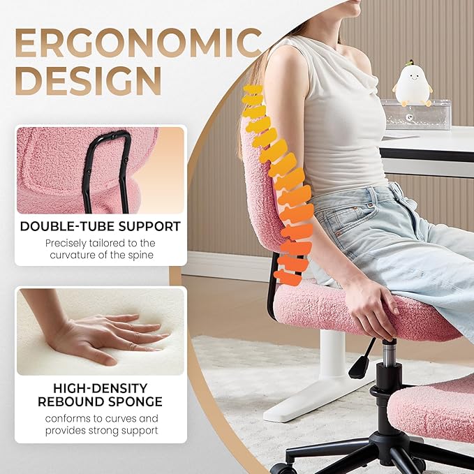 Criss Cross Chair Armless Office Chair for Cross Legged Sitting, 300lb Heavy Duty Ergonomic Desk Chair for ADHD, Adjustable Meditation Yoga Kneeling Chair with Brake Wheels for Home Office (Pink)