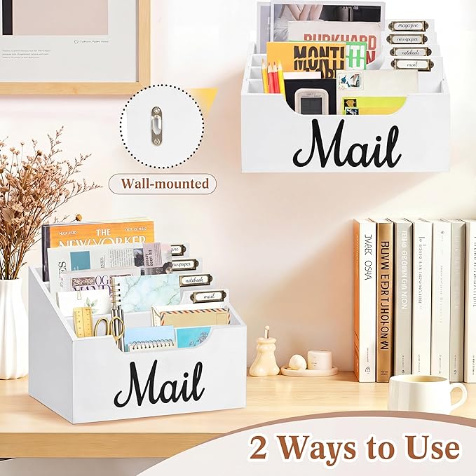 Rustic Wood Mail Organizer Countertop with 4 Slots, White Mail Holder for Desk, Removable Dividers Mail Sorter, Letter Bill File Organizer for Home Office Classroom, Desktop Organizer with Free Labels