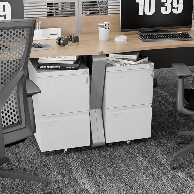 Aobabo Rolling File Cabinet with Lock,2 Drawer Metal Filing Cabinet for Home Office & Under Desk, Heavy-Duty Mobile Storage with 5 Wheels (Anti-Tilt), Fits Letter/Legal,WhiteRequired Assembly