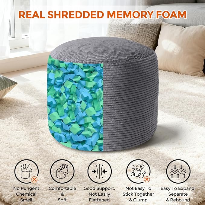 20" x 20" x 15" Pouf Ottoman Foot Rest, Pre-Stuffed Round Foot Stool with Odorless Shredded Memory Foam, Furry & Fluffy Corduroy Footrest for Living Room, Dark Grey