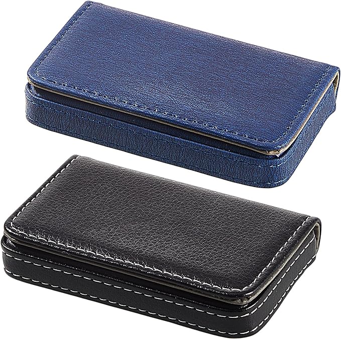 Outus 2 Pcs Business Card Holder, PU Leather Business Card Case Pocket Wallet with Magnetic Shut for Valentines Gift Adult(Blue and Black)