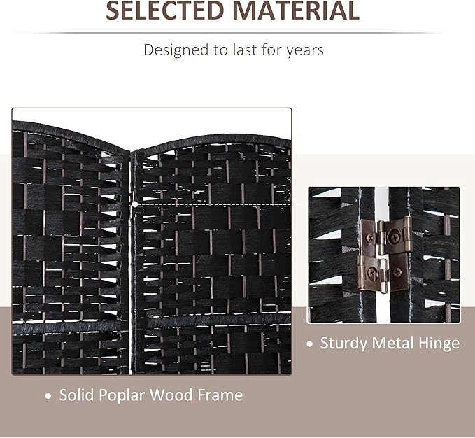 HOMCOM Room Divider 3 Panel, 6FT Tall Folding Privacy Screen, Freestanding Hand-Woven Partition for Room Separation with 360° Hinges, Paper Rope Diamond Weave, Black