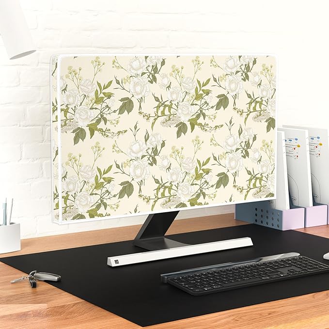 White Rose Flowers Waterproof 75 Inch TV Dust Cover Anti-Static Dustproof Protective Covers Spring Floral Screen TV Cover Sleeve Compatible with PC Desktop and TV,Green Leaves