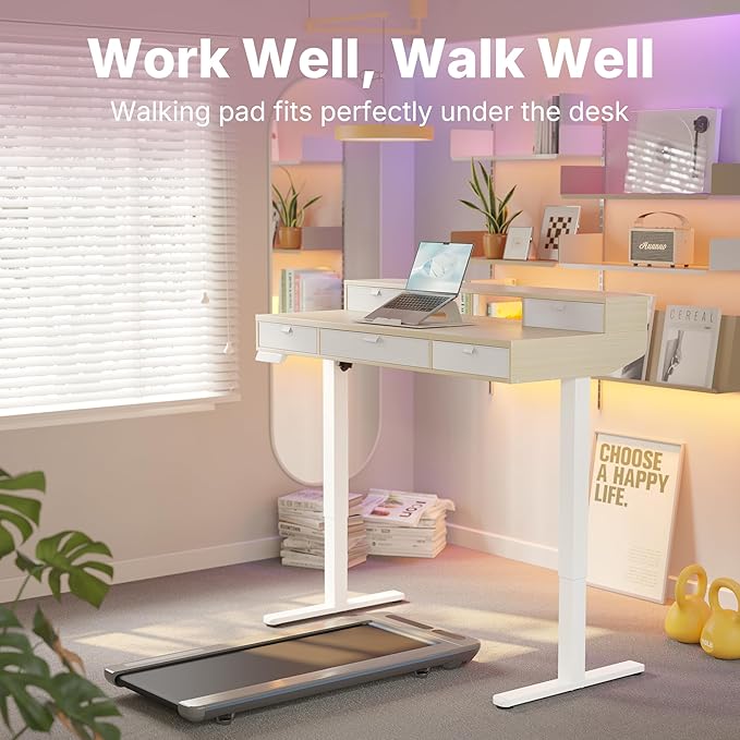 HUANUO 48 x 24 inch Electric Standing Desk with 4 Drawers, Adjustable Height Sit Stand Home Office Desk, C-Clamp Mount Compatible, Ergonomic Stand up Desk with 4 Preset Heights, Natural