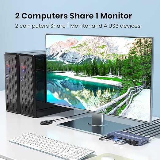 2 Port HDMI KVM Switch 1 Monitor 2 Computers, Control 2 PCs with 1 Set of Keyboard Mouse and 1 Monitor, 4K60Hz Support and USB 3.0