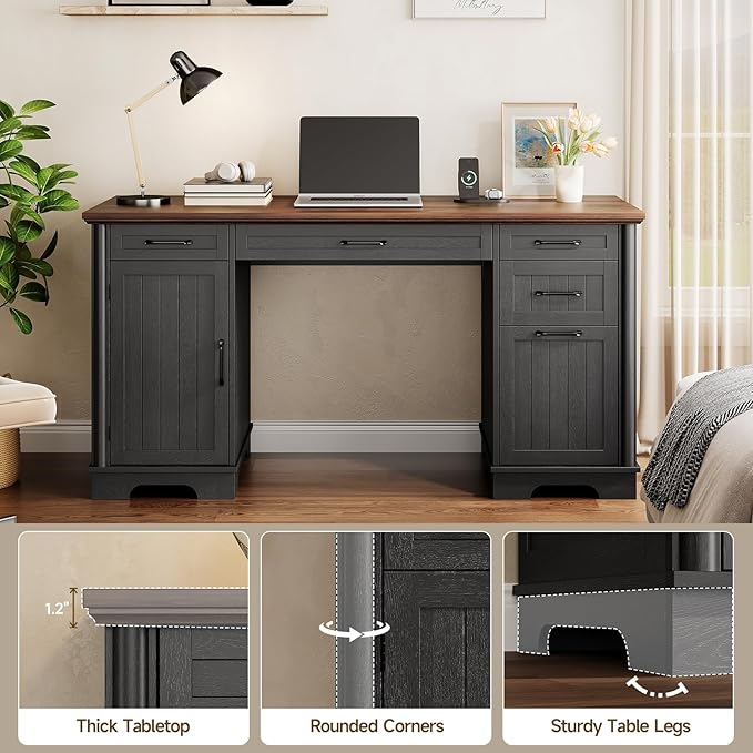 ONBRILL 56" Large Executive Desk with Drawers,Modern Farmhouse Home Office Desk with Charging Station, Wood Computer Writing Desk with File Drawer for Study Work Bedroom Living Room Black