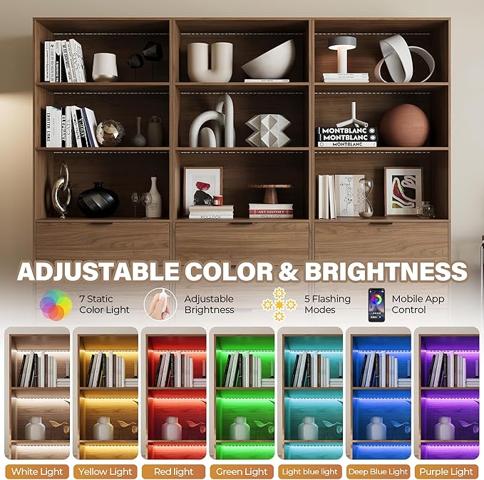 Mekminop 3PCS Lighted Bookshelf and Bookcase, 5-Tier Modern Bookshelves with 3 Large Drawers, Display Cabinet with Lage Storage Shelves for Home Office
