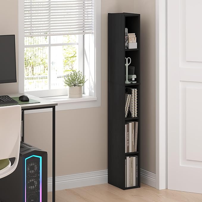 Furinno Fulda Book Shelf, 5-Tier Tall Narrow Bookshelf, Standing Bookcase with 6-in Width Storage Shelf, 9.3 x 5.9 x 51.9, for Organization Storage, for Living Room, Bedroom, Home Office, Blackwood