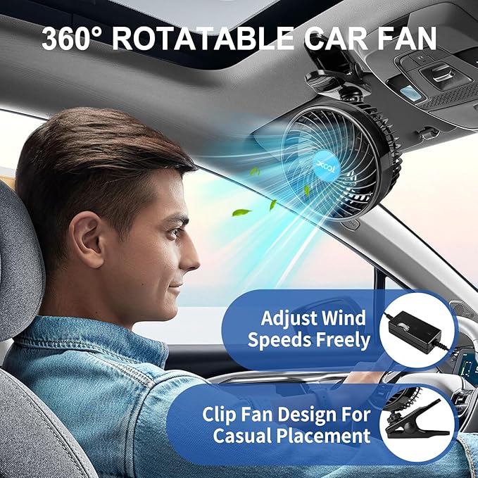 XOOL 12V 6'' Car Fan, Clip Fan 360 Degree Rotatable Car Fan Cooling Air Fan with Stepless Speed Regulation & Cigarette Lighter Plug for SUV, RV, Vehicles