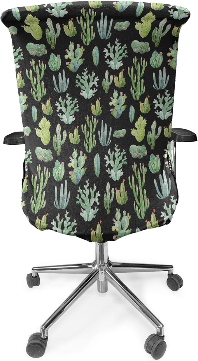Ambesonne Cactus Spring Flower Office Chair Cover, Composition of Various Succulent Types Blossoming Botany, Stretchable Decorative Universal Size High Back Printed Slipcover, Charcoal Grey
