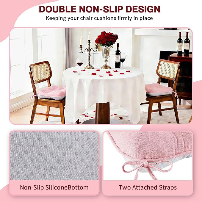 BETU Pink Chair Cushions for Dining Chairs Set of 4,3.5" Thick Kitchen Table Chair Pads with Ties,Non Slip Backing and Covers, Seat Cushion for Dining Room,Bar,Patio Chairs,15.5"X15.5"X3.5",Pink