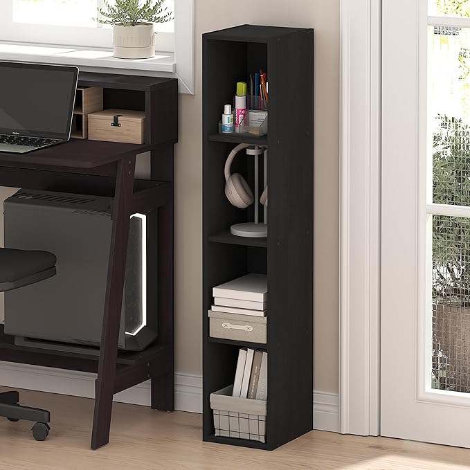 Furinno Fulda Book Shelf, 4-Tier Narrow Bookshelf, Standing Bookcase with 8-in Width Storage Shelf, 9.3 x 7.9 x 41.6, for Organization and Storage, for Living Room, Bedroom, Home Office, Blackwood