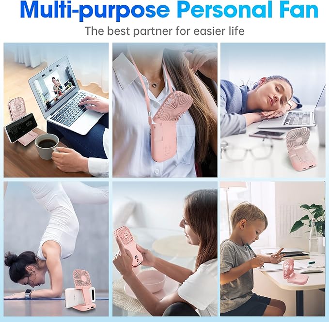 USB Rechargeable Upgraded 5-in-1 Portable Handheld Fan, Necklace Fan, Desk Fan, Foldable Phone Stand, 4 Speeds Airflow, Quiet Personal Fans with LED Digital Screen (Pink)