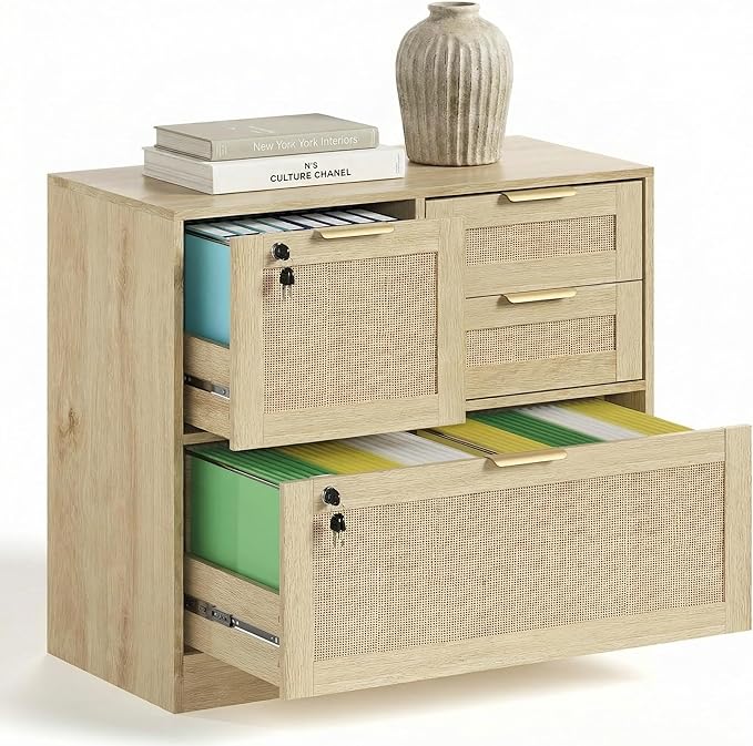 Lateral File Cabinets for Home Office, 4 Drawer Filing Cabinet with Lock, Wide Rattan Filing Organization Storage Cabinets with Printer Stand for Hanging Files/Letter/Legal/A4/F4 Size, Natural Wood