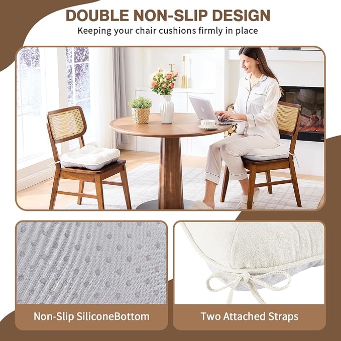 BETU White Chair Cushions for Dining Chairs Set of 6,3.5" Thick Kitchen Table Chair Pads with Ties,Non Slip Backing and Covers, Seat Cushion for Dining Room,Bar,Patio Chairs,15.5"X15.5"X3.5",White