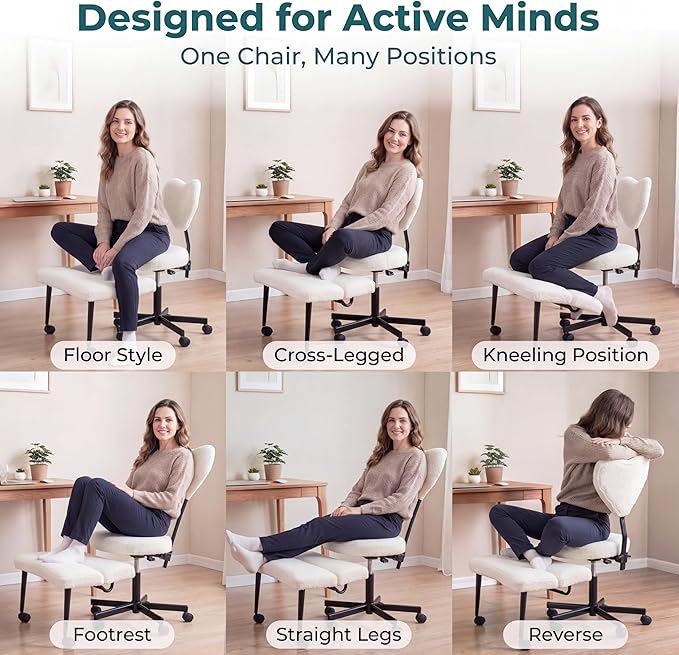 Ergonomic Cross Legged Office Chair with Foot Rest for Kneeling Seating - Crisscross Desk Chair with Wheels for ADHD to Sit Cross Legged - Multi-Position Adjustable Seat with Back Support for Women