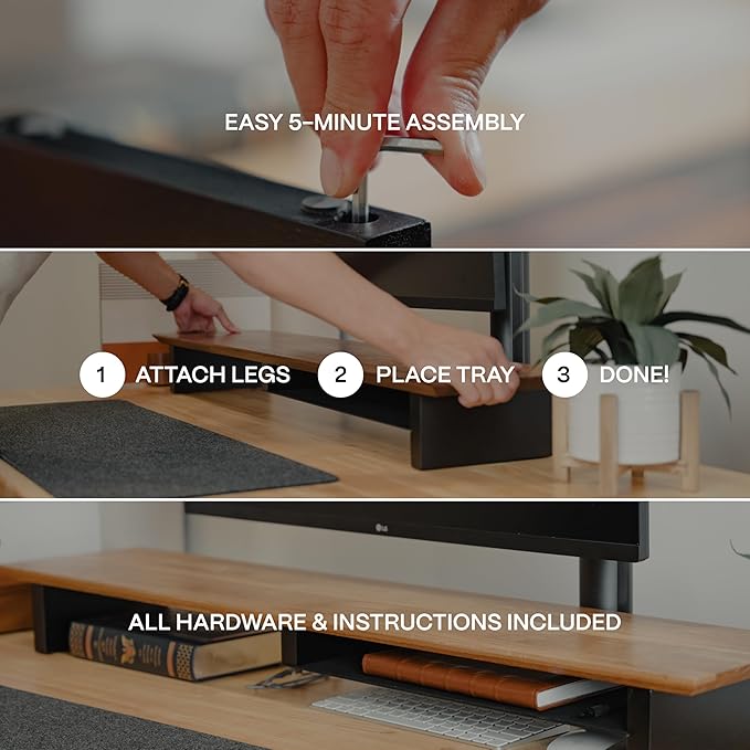 COREMINDED Solid Wood Dual Monitor Stand Riser – 43" Walnut Desk Shelf for 2 Monitors with Tray & Wool Felt, Organizer for Desktop, Laptop and Office (Walnut)