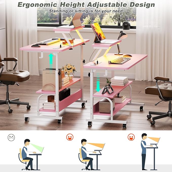 Height Adjustable Standing Desk with Power Outlets and LED Lights - 32" Manual Stand Up Desk with Monitor Stand and Storage Shelves Small Mobile Rolling Computer Desk Portable Laptop Table, Pink