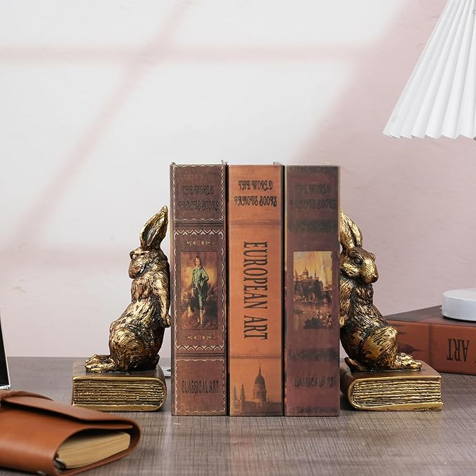 Book Ends for Shelves to Hold Books Hevay Duty,Decorative Bookends for Bookshelf Décor,Cute Animal Rabbit Book Stopper Easter Bunny Statues for Home, Office Desk, Living Room Decoration,1 Pair (Gold)