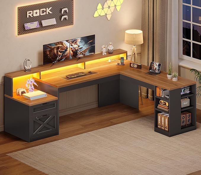 SEDETA L Shaped Desk with 2 Drawers, 65"x 59" Large Home Office Desk with Lockable File Drawer & Power Strip, Corner Desk with Storage & LED Strip, Black + Brown