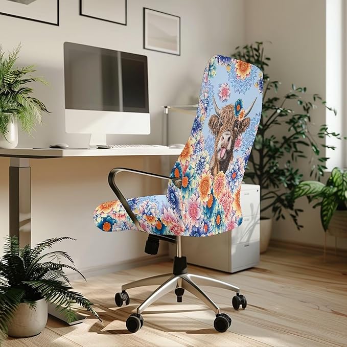Talayituse Boho Mandala Highland Cattle Print Office Chair Covers, Stretch Computer Chair Cover, Universal Boss Chair Covers Modern Simplism Style High Back Chair Slipcover, Large